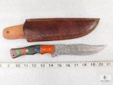 Damascus Fixed Blade Knife with Leather Sheath and Colorful Wood Handle