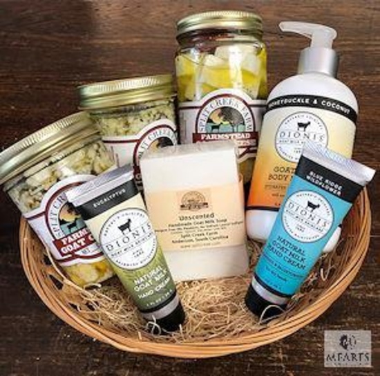Split Creek Farm Basket ~ Soaps, Lotions, and Feta crumbles in oil with sundried tomatoes