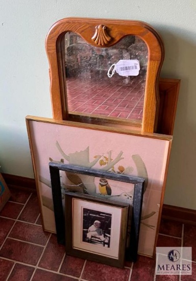 Lot of Assorted Vintage Framed Prints and Wood Framed Mirror