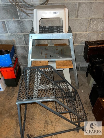Lot - Tool Stands, Stepstool and Rolling 3-Step Ladder