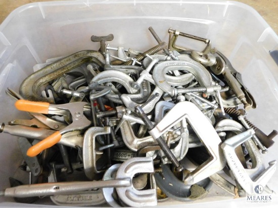 Tote Full of Assorted C-Clamps, Vise Clamps and Spring Clamps