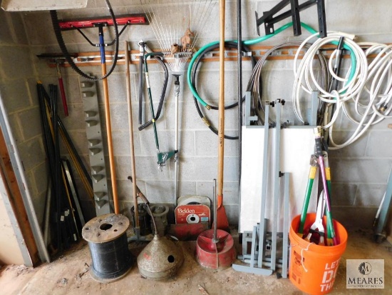 Wall Lot - Large Lot Assorted Yard Tools, Hoses, Wire, Fence Post and More