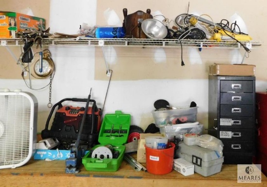 Counter & Shelf Lot - Power Tools, Assorted Lighting, Spring Clamps, Consumables and More
