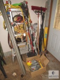 Lot Little Giant Ladder, Yard Tools, Brooms, Extension Cords, Speed Squares and More