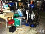 Two Handtrucks, Rolling Stool, Outfeed, Plastic Totes, Work Table