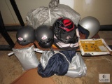 Lot of Four Assorted Bike Helmets and Three Motorcycle Covers