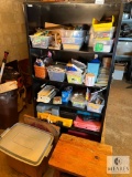 Metal Cabinet with Assorted Office Supplies, Tools and Wood Side Table