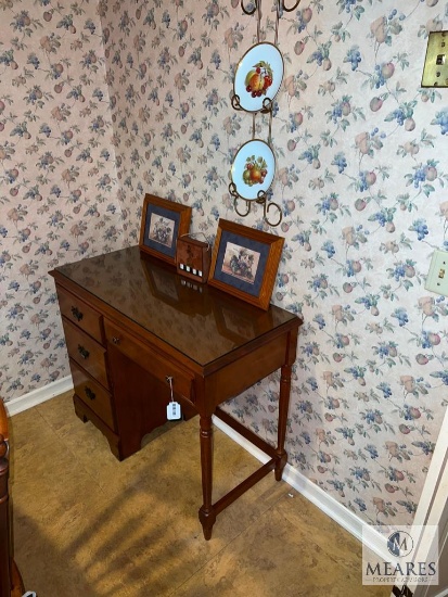 Wooden Writing Desk, Decorative Plates, Small Framed Prints