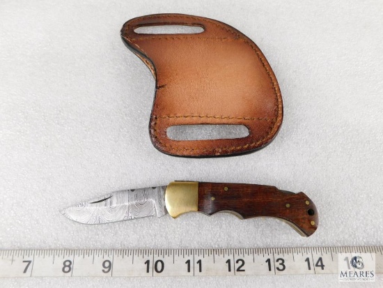 Damascus Blade Lockback Folder Pocket Knife With Leather Sheath