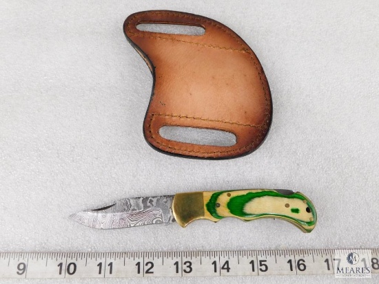 Damascus Blade Lockback Folder Pocket Knife With Leather Sheath