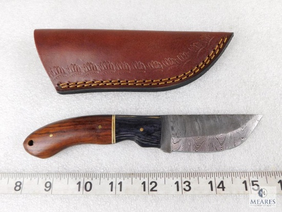 Fixed Blade Damascus Knife With Laminate Wood Handle and Leather Sheath