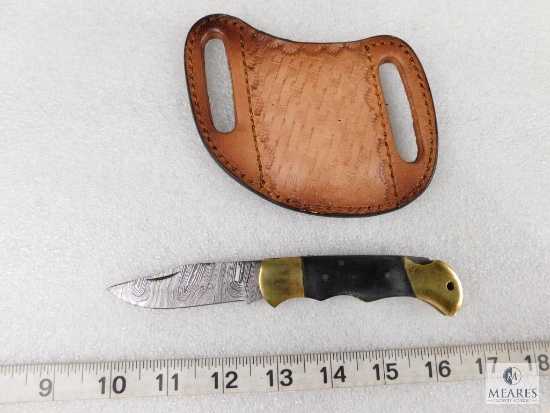 Damascus Blade Lockback Folder Pocket Knife With Leather Sheath