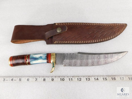 Fixed Blade Damascus Knife With Laminate Wood, Brass, Bone Handle and Leather Sheath