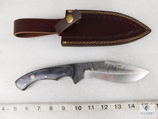 Fixed Kukri Style Blade Knife with Laminate Wood Handle and Leather Sheath
