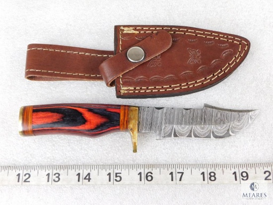 Fixed Blade Damascus Knife With Laminate Wood Handle and Leather Sheath