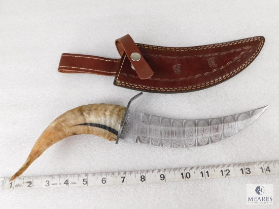 Unique Damascus Fixed Blade Curved Knife with Possible Ram's Horn Handle and Leather Sheath
