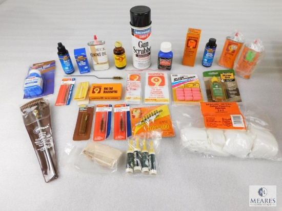 Large Lot of Gun Cleaning Supplies - Oil, Patches, Degreaser, Bore Brush, Perma Blue