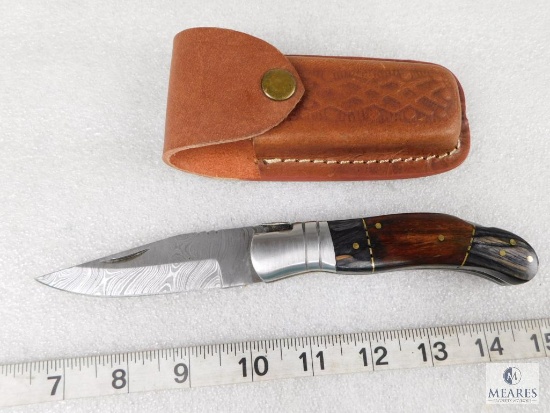 Damascus Blade Lockback Folder Pocket Knife Laminate Handle With Leather Sheath