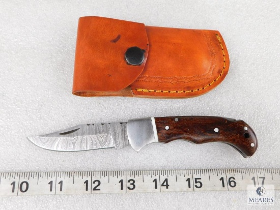 Damascus Blade Lockback Folder Pocket Knife Wood Handle With Leather Sheath