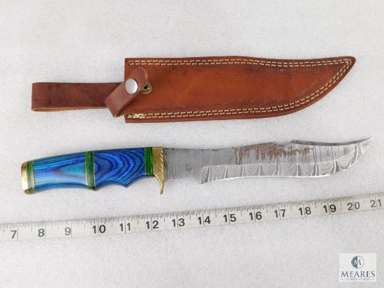 Fixed Blade Damascus Knife With Laminate and Brass Handle With Leather Sheath