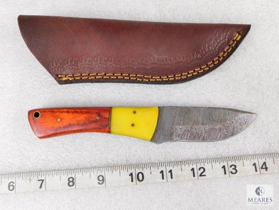 Fixed Blade Damascus Knife With Laminate Wood & Resin Handle and Leather Sheath
