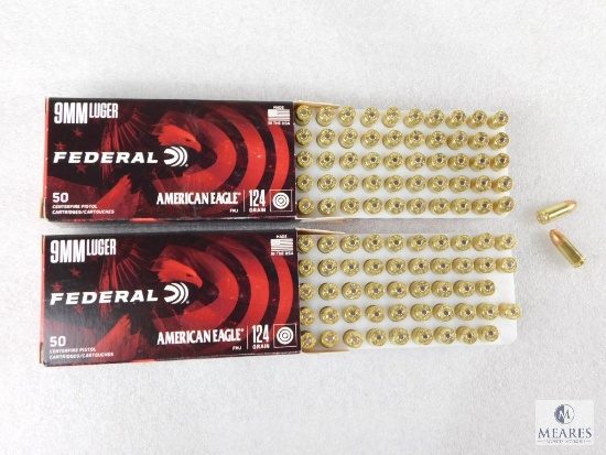 100 Rounds Federal American Eagle 9mm Luger 124 Grain Ammo