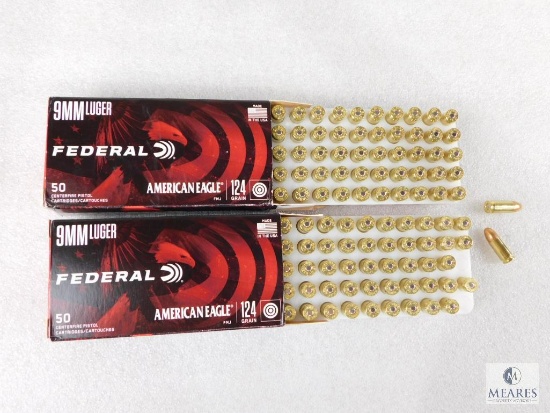 100 Rounds Federal American Eagle 9mm Luger 124 Grain Ammo