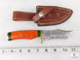 Fixed Blade Damascus Knife With Laminate Wood Handle and Leather Sheath