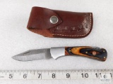 Damascus Blade Lockback Folder Pocket Knife Laminate Handle With Leather Sheath