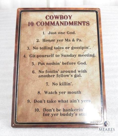 New Cowboy 10 Commandments Embossed Tin Sign 17" x 12"