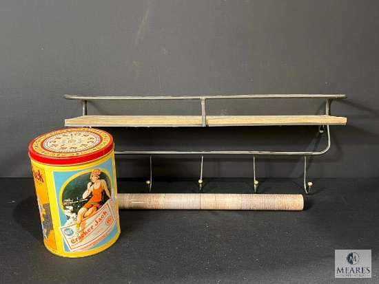 Decor Lot Vintage Cracker Jack Tin Wood and Metal Shelf and Barn Wood Adhesive