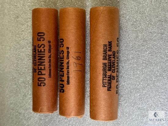 Three BU Lincoln Cent Rolls, 1961, 1960, 1961-D Unopened in Federal Reserve Cleveland Wrapper