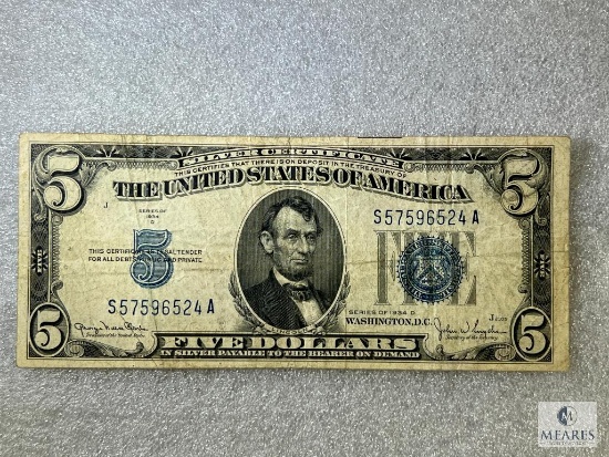 1934-D $5.00 Silver Certificate, Fine