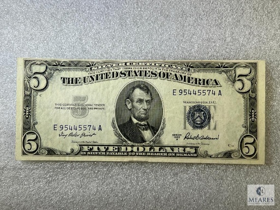 1953-A $5.00 Silver Certificate, Crisp, AU-CU