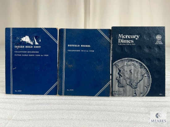 Three Type Coin Books, Indian Head Cent, Buffalo Nickel, Mercury Dimes