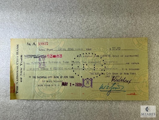 1939 National City Bank of N.Y. Lima Peru Branch with Old Stamps on Back