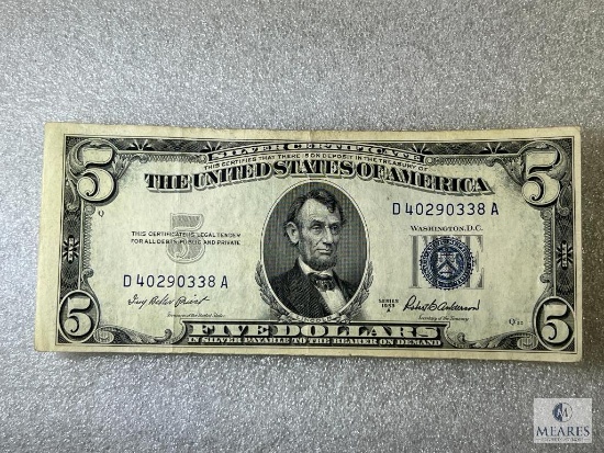1953-A $5.00 Silver Certificate, Crisp, XF-AU