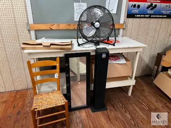 Wooden Work Table, Floor Fan, Chair, Bluetooth Speaker Stand