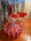 Six Piece Cranberry Cut Glass Decanter, Goblets and Lidded Candy Dish