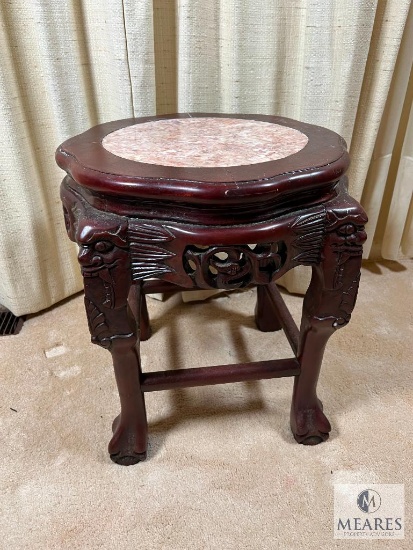 Asian-Influenced Side Table/Plant Stand with Marble Inlay