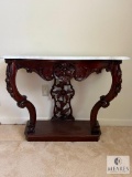 Orante Wood Carved Base, Marble Top Entry Table