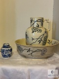 Large Blue and White Wash Basin, Pitcher Set and Small Urn