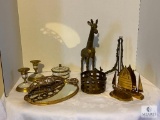 Brass Decoration Lot Includes Candlesticks and Box with Mother of Pearl Inlay