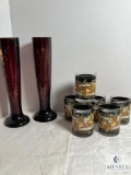 Set of Six Oleg Cassini Vintage Glasses and Two Glass Vases