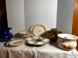 Lot Vintage Porcelain Plates, Spittoon, Chamber Pot and Brass Bowl