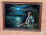 Asian-Influenced Framed Painting on Velvet - Man Fishing
