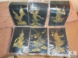 Set of Six Vintage Thai Religious Iconography Temple Rubbings on Fabric