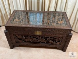 Asian-Influenced Hand Carved Linen/Dowry Chest with Glass Top and Front Lock
