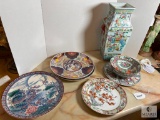 Seven Piece Lot: Asian-Influenced Ceramic Plates, Bowls and Vase