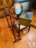 Lot Vintage Wood and Upholstered Chair, Decorative Hat Box and Wood Quilt Rack